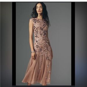 NWT Adriann Papell Beaded Mesh Sleeveless Rose Gold Midi Dress 2